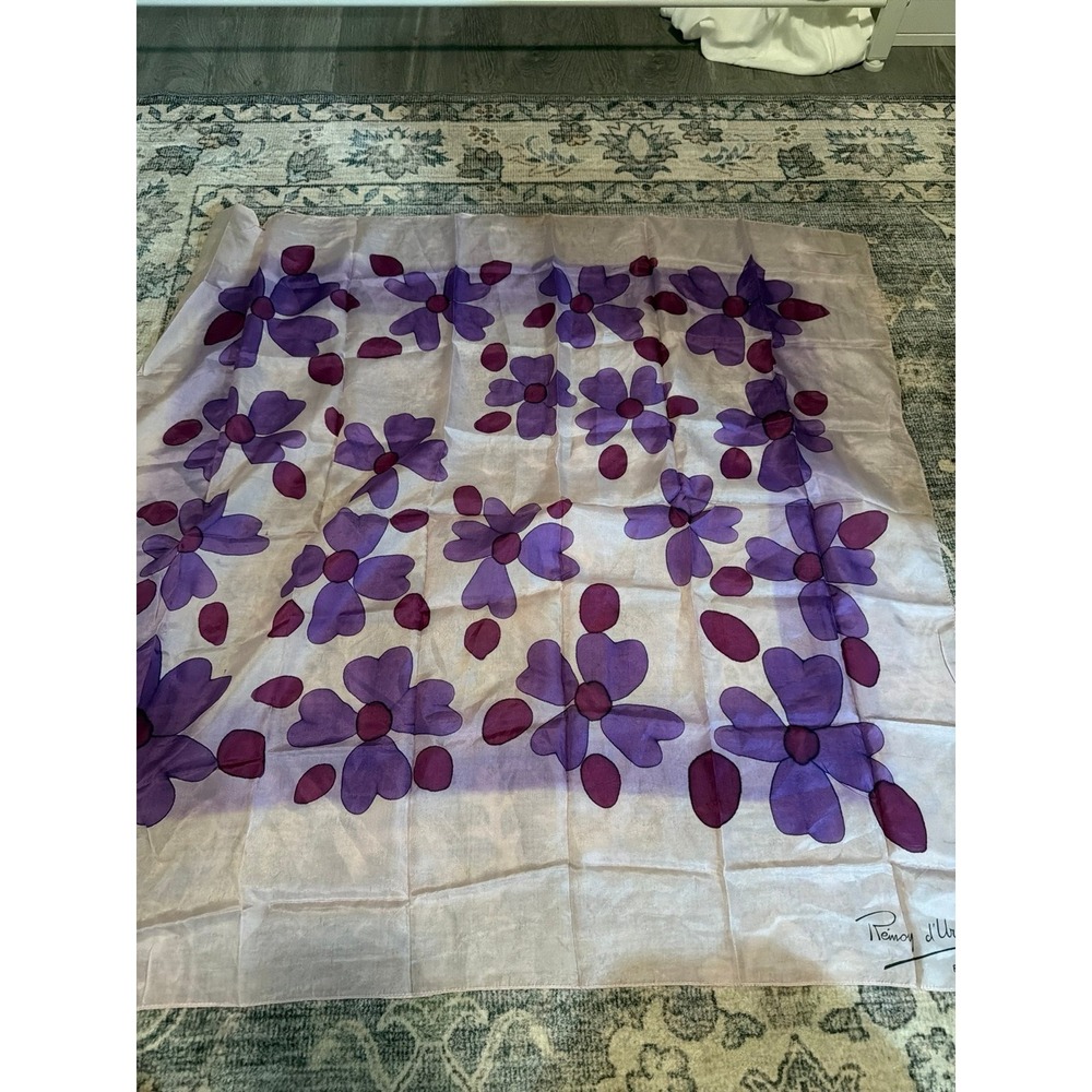Vintage Renoy D'Urville Hand Painted Floral Silk Scarf Purple